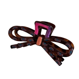 Brown resin butterfly hair claw clip with colorful dots and retro contrast color design