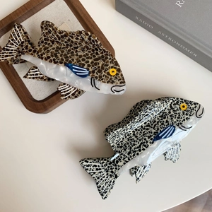 Fish-shaped acetate hair claw clips with animal print and blue fins for women