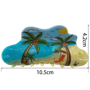 Cloud-shaped hair claw clip with beach scenery print for women in blue and beige