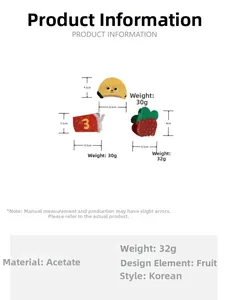 Size chart showing dimensions and weight for banana, fries, and strawberry acetate hair claws