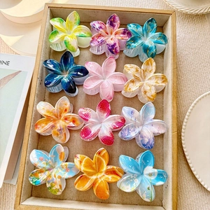 Women Flower Hair Claw Clips Frangipani Bauhinia Printed Plastic Hair Clips Large Shark Clips Vacation Beach Hair Accessories