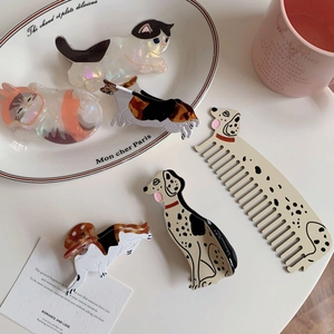 Cute acetate cat and dog hair claw clips and comb set with shiny pearlescent finish