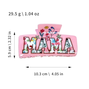 Pink rectangular MAMA flower print acrylic hair claw clip for women's hairstyling
