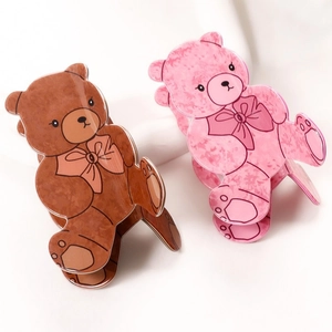 Mollette per capelli carine a forma di orso marrone e rosa con fiocco in acrilico