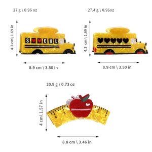 Cute school bus and apple ruler hair claws made of acetate with rhinestone details