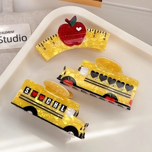 Creative School Bus Ruler Apple Hair Claws Acetate Rhinestone Heart Pattern Shark Clips For School Season Women Hair Accessories
