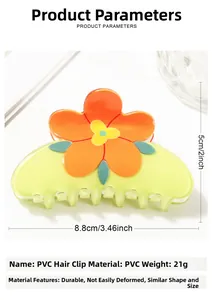 Spécifications de taille pour la pince à cheveux fleurie en PVC orange de 8,8x5 cm