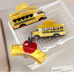 Cartoon school bus and ruler hair clips with shiny rhinestone apple for students