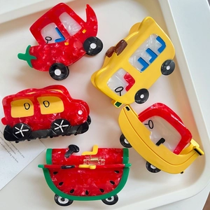 Colorful acetate cartoon vehicle hair clips set featuring cute car and bus designs