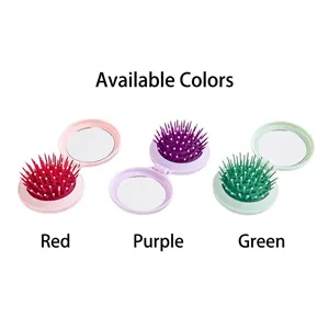 Portable folding hairbrush with mirror in macaron colors for travel and massage