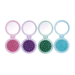 Four colorful pastel folding hairbrush and mirror sets shown in open position