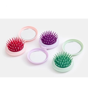 Portable macaron folding hairbrush with mirror in pink, purple and mint green set