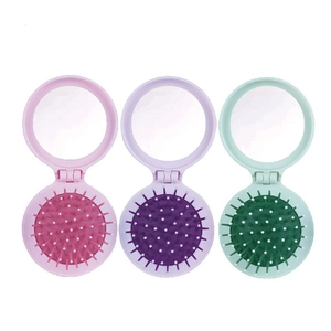 Portable 2-in-1 round macaron folding hairbrush with mirror and air cushion massage comb
