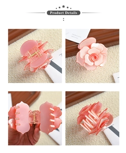 Vues détaillées d'une pince à cheveux rose avec pétales en acrylique et ressorts dorés