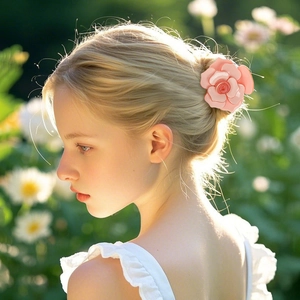 Pince à cheveux rose en forme de rose 3D en acétate portée sur un chignon