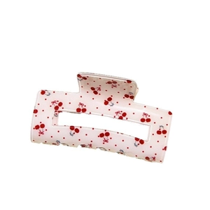 Floral rectangular hair claw clip with red cherry prints and polka dots on white base