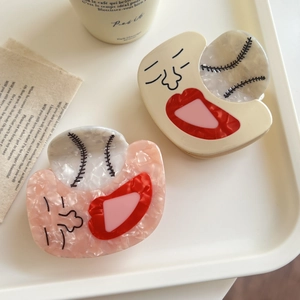 Chic acetate baseball hair claw clips with funny face designs in white and pink