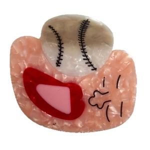 White acetate baseball claw clip with pink cartoon glove and pearlescent shell texture