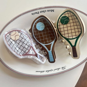 Three creative tennis racket hair claws in pearl white, coffee, and beige acetate finish