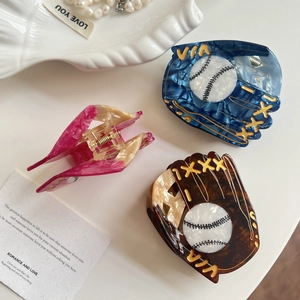 Pinces à cheveux en acétate en forme de gant de baseball, bleu, marron et rose rouge