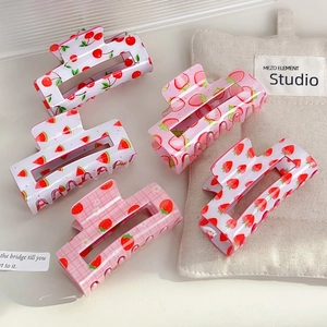 Sweet Fruit Print PVC Hair Claw Clip Rectangular Hollow Strawberry Cherry Lemon Pattern Shark Clip Fashion Hair Accessory For Women