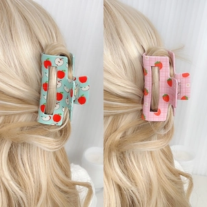 Medium rectangular claw clips with cherry and apple patterns for long hair styling
