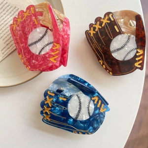 Pinces à cheveux en acétate forme gant de baseball en rose, écaille et bleu sport