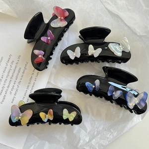 Elegant 3D Butterfly Acetate Hair Claw Clip With Rhinestones Iridescent Mermaid Effect Black Shark Clip For Women Daily Hair Accessory