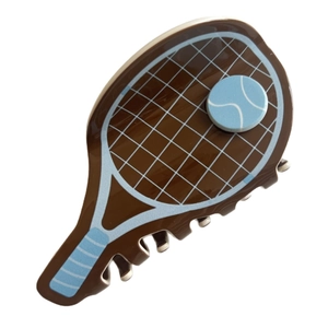 Creative tennis racket hair claw clip in dark brown acetate with a blue tennis ball detail