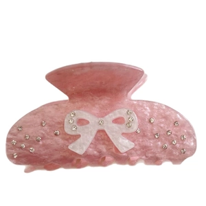 Pink marble aurora hair claw clip with crystal bow and sparkling rhinestones
