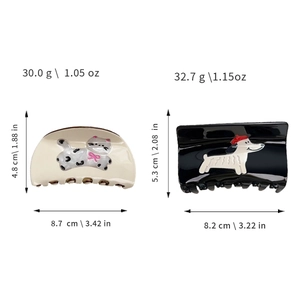 Cute cream cat and dog pattern acetate hair clips with detailed dimensions and weights