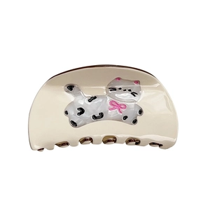 Cute cream cat hair claw clip with black spotted kitten and pink bow for women