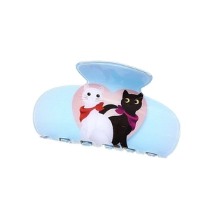 Cute light blue cat hair claw clip with cartoon kitty pattern and pink heart background