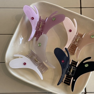 Cinq pinces à cheveux papillon avec strass colorés sur une assiette blanche
