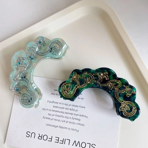 Retro marble texture acetate shark hair clips with hollow floral metal and crystals
