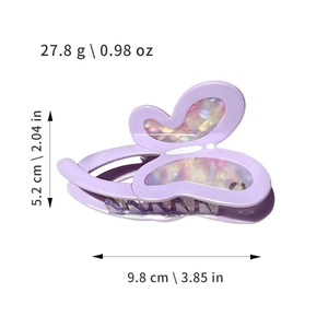 Romantic lavender butterfly hair claw clip with iridescent finish and size measurements
