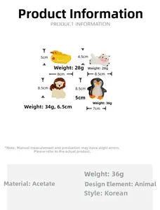 Guide des tailles pour pinces à cheveux en acétate avec canard, chat, lion et pingouin