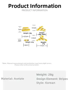 Detailed size specifications for yellow striped acetate hair claw clips and grips