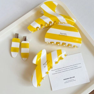 5-piece yellow and white striped acetate hair claw clip set for elegant styling