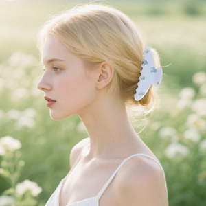 Floral acetate hair claw clip in white with blue flowers worn by a model in a garden