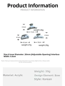 Detailed size chart showing dimensions for blue striped hair clips with bow designs