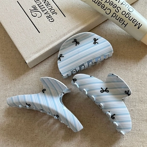 French Style Blue White Striped Acetate Hair Claw Clip With Black Bowknot Large Shark Clip Elegant Hair Accessories For Women