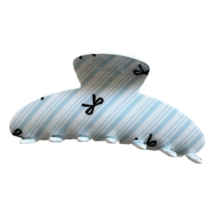 French blue and white striped hair claw clip with black bow prints for elegant styling
