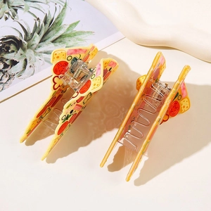 Two-piece large pizza-themed hair claws with realistic food patterns and silver springs