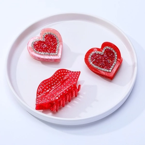 Strass Besetzte Acetat Herz Lippe Haarklammer Mode Handgefertigt Rot Rosa Haarschmuck Für Valentinstag Damen