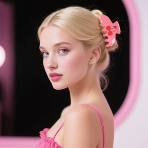 Pince à cheveux à carreaux roses avec motif cerise portée par un mannequin blond de profil