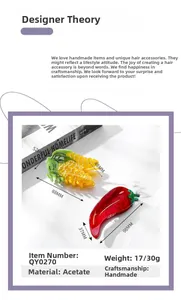 Detail of vegetable-shaped acetate hair claws showing corn and chili pepper textures