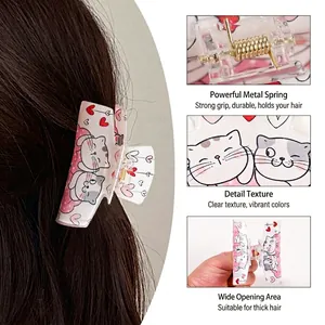 Pince à cheveux chat mignon avec cœurs roses et ressort en métal doré robuste