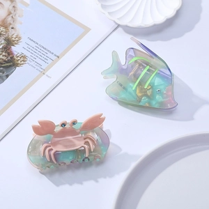 Pince à Cheveux Iridescente en Acétate Forme Animal Marin Crabe Poisson Strass Pinces de Requin pour Coiffure de Femmes Élégante