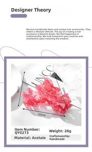 Vue détaillée d'une pince à cheveux fleur rose en acétate avec strass et dimensions
